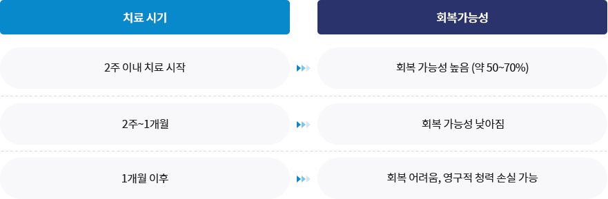 치료 시기별 회복 가능성 안내: 2주 이내 치료 시작 시 회복 가능성 높음(약 50~70%), 2주~1개월 회복 가능성 낮아짐, 1개월 이후 회복 어려움 및 영구적 청력 손실 가능